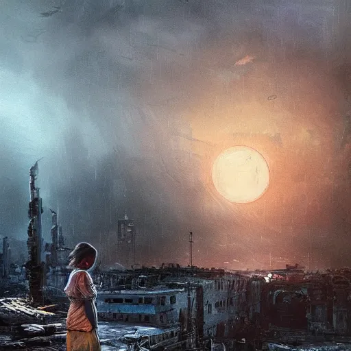 Image similar to A portrait of a blue eye girl, ruins of a destroyed city and a yellow-red full moon on background, techwear, dark, rainy atmosphere, natural volumetric light, intricate, highly detailed, digital painting, concept art, sharp focus, illustration, art by greg rutkowski, matte painting, trending on artstation