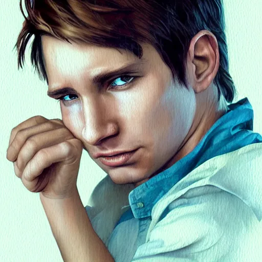 Image similar to young david duchovny teenage boy man, in a white shirt, in a style of 8 0's horror style, wlop, artgerm, jason chan, charlie bowater, sergey kolesov, watercolor on paper, hyper detail portrait, closeup on face, exquisite detail