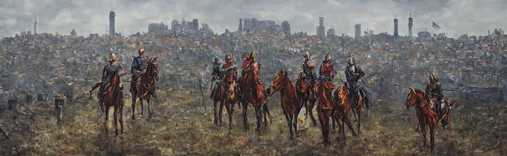 Prompt: horseback knights at scenic overlook; cloudy, grey skies, large tents foreground, walled fortress city deteriorating office buildings in background on hill; la Bastille, post apocalyptic, grungy; oil on canvas, artstation, colorful