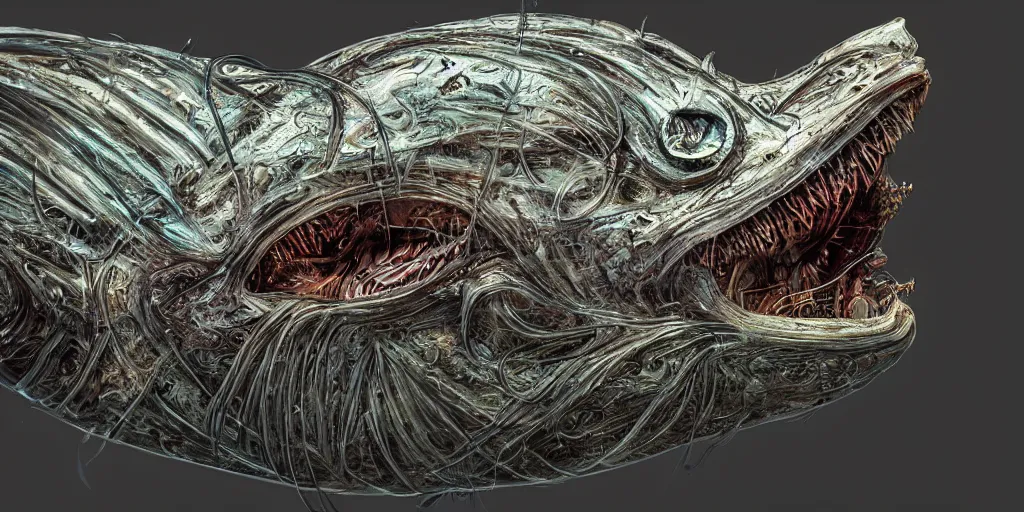 Image similar to angler fish sculpture, stylised layered shapes, bioluminescent orbs, diffuse lighting, fantasy, intricate, elegant, highly detailed, lifelike, photorealistic, digital painting, artstation, illustration, concept art, smooth, sharp focus, art by h r giger