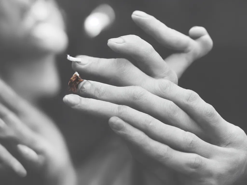 Image similar to Close-up view of hyperrealistic thin soft hand holding cigarette with smoke, photo by Marion Berrin, 4K