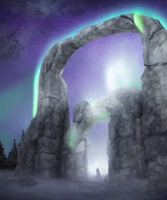 Image similar to portal to another dimension, stone archway, aurora borealis, mysticism, photorealistic, fog