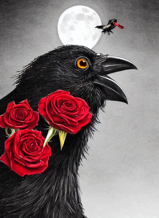 Image similar to portrait, A proud crow with red eyes in front of the full big moon, book cover, red roses at the top, red white black colors, establishing shot, extremly high detail, foto realistic, cinematic lighting, pen and ink, intricate line drawings, by Yoshitaka Amano, Ruan Jia, Kentaro Miura, Artgerm, post processed, concept art, artstation, matte painting, style by eddie mendoza, raphael lacoste, alex ross