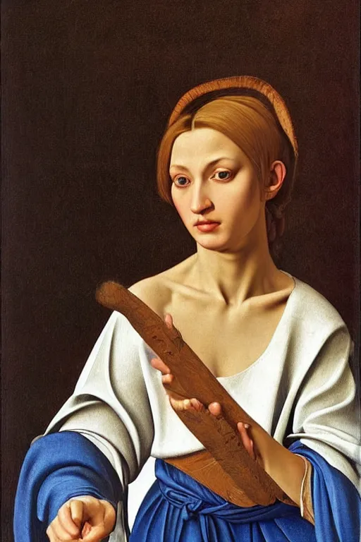 Image similar to hyper - realistic close - up portrait of a medieval blonde with a huge amount of color in the caravaggio style, pale skin, in a silver silk robe, blue palette