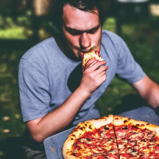 Prompt: a photo of a guy eating the best pizza he has ever eaten, hyper realistic, ultra detailed, 8 k, 2 8 mm lens