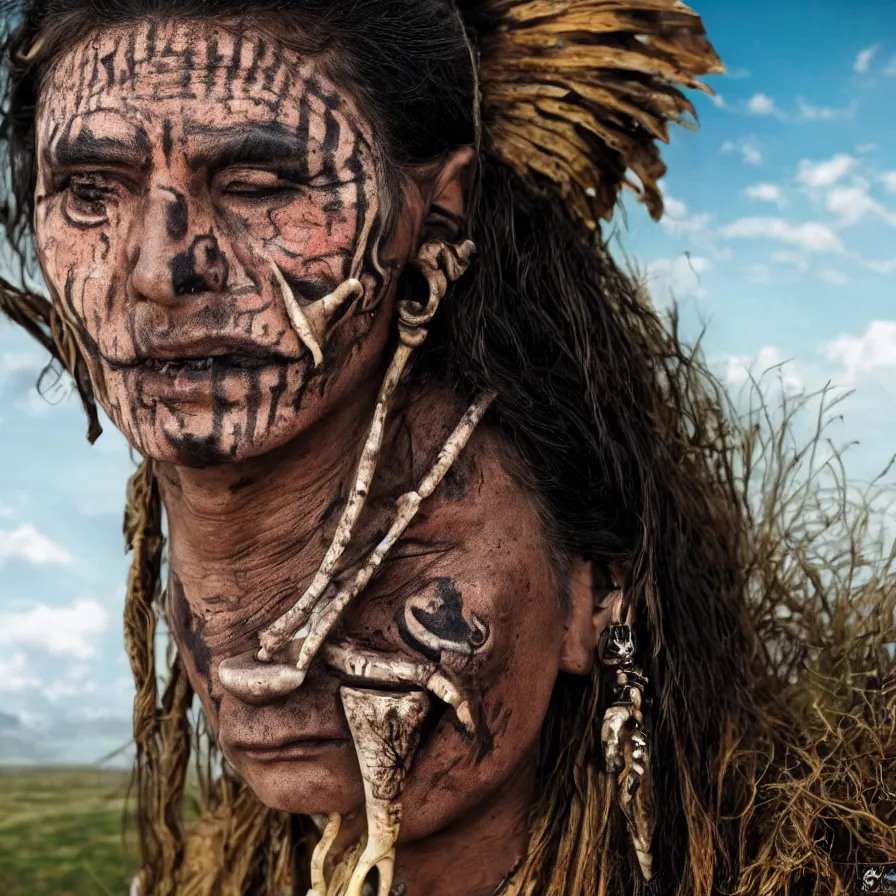 Image similar to extremely detailed award winning national geographic face portrait photography uncut centered and realistic from ancient mayan elder shaman warrior with terrifying face tattoos and heavy bone piercings . 64megapixel. 4k 8k. Photorealistic artwork. Influenced by the movie apocalypto. Landscape background what is slightly blurry and windy.