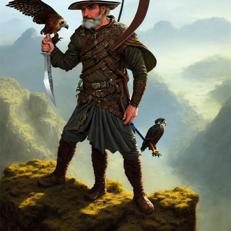 Image similar to middle age ranger with rugged expresions falcon pet on his sholder holding a long sword, top a cliff observing old ruins of a castle, elegant clothing, photorealistic render, matte patining, highly detailed, artstation, smooth, sharp focus, art by michael whelan, artgerm, greg rutkowski