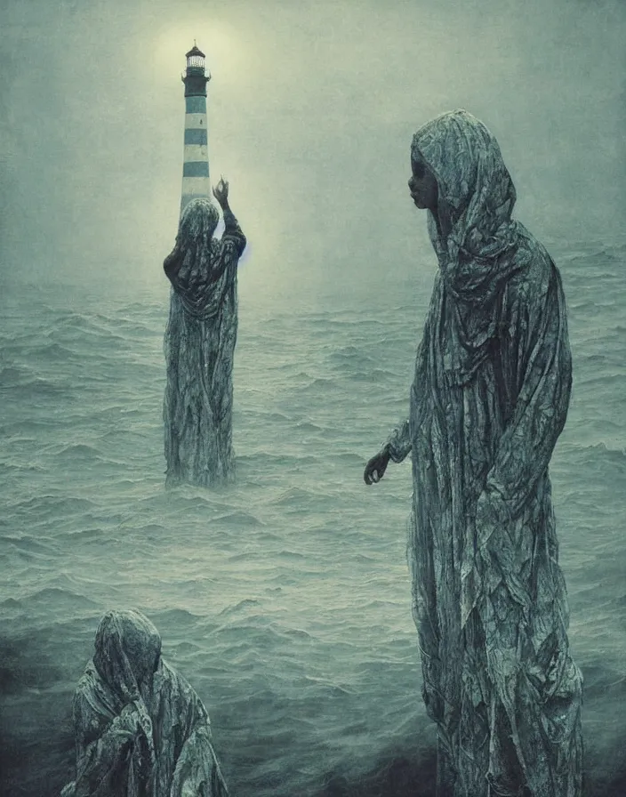 Image similar to worshippers in robes belonging to the cult of the lighthouse standing in waves, a lighthouse, high detailed beksinski painting, part by adrian ghenie and gerhard richter. art by takato yamamoto. masterpiece, dark and moody, deep colours