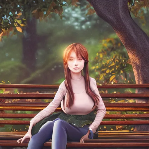 Image similar to highly detailed and intricate wlop artwork of a beautiful woman wearing casual clothes sitting on a park bench in the fall, volumetric lighting, extremely complex, trending on artstation, featured on behance, 4 k, 8 k, 1 6 k