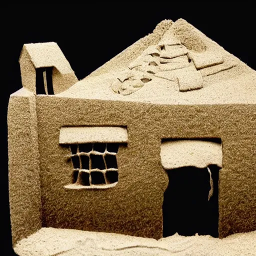Image similar to A beautiful conceptual art of a broken-down house with a family living inside. sand sculpture by Chip Zdarsky rhythmic