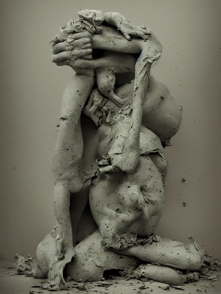 Prompt: a serene but eerie and chaotic color photo of a broken statue, by geert goiris, award - winning photography, concept art