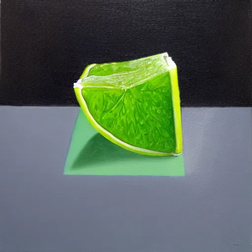 Image similar to realistic painting of an ice cube beginning to melt next to a lime wedge, black background