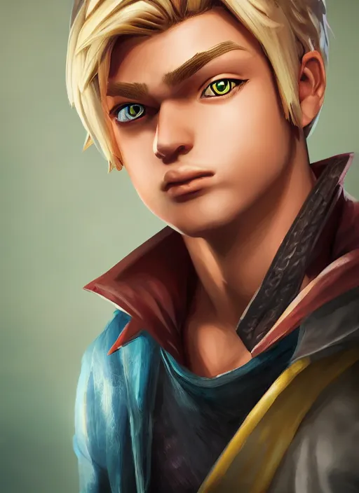 Prompt: An epic fantasy comic book style portrait painting of boy fantasy thief with blonde hair yu-gi-oh style , unreal 5, DAZ, hyperrealistic, octane render, cosplay, RPG portrait, dynamic lighting