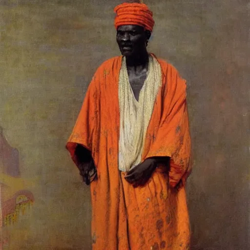 Prompt: king of dahomey dressed lightly in airy robes, 1905, brightly coloured oil on canvas, by ilya repin