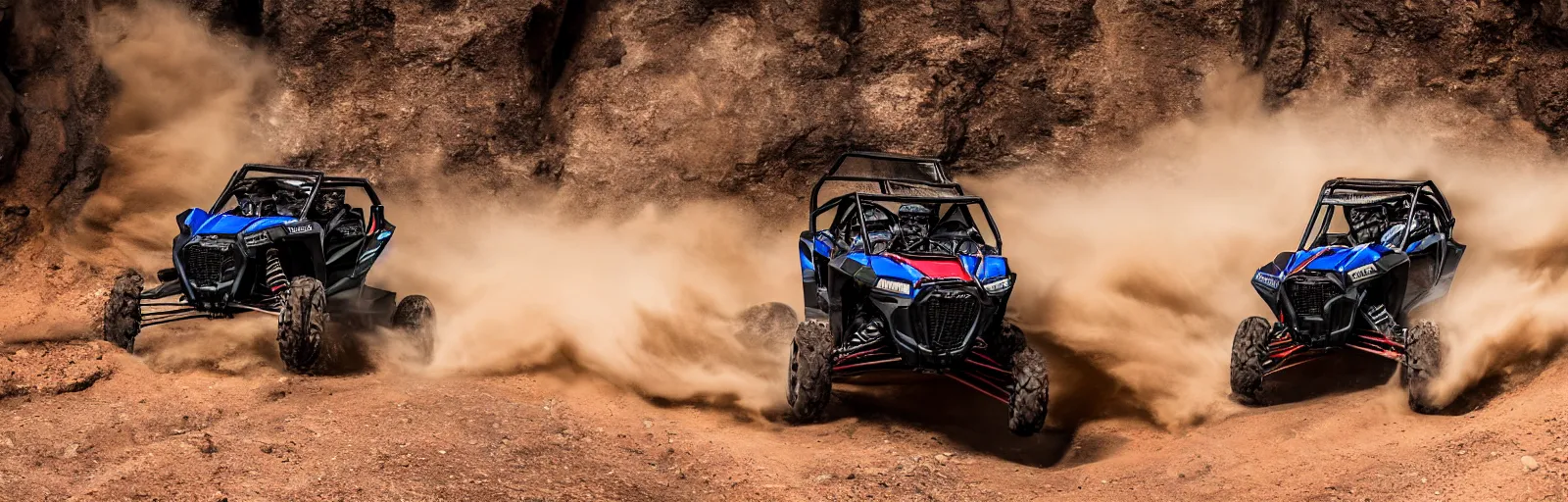Prompt: action shot of a polaris rzr in a cave 8 k photography, action sports