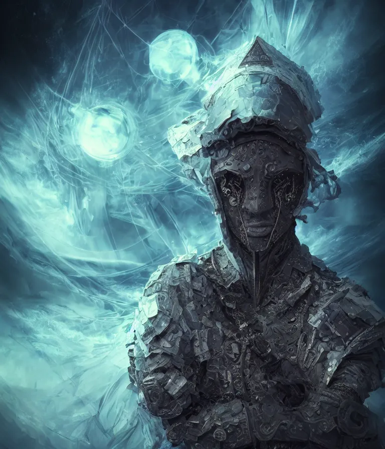 Image similar to impressive ominous front!! shot photo of a court jester character fine portrait fine portrait mesmerizing fractal hyper cubes platinum cracked dark future hyper dimensional space galactic crystal nebula edges elegant detailed intricate concept artstation sharp focus ray tracing cinematic masterpiece temporal corruption beeple wlop germ 8 4 k scifi glossy hyper realistic illustration canon eos r 3 fujifilm x - t 3 0 sony alpha a 6 6 0 0