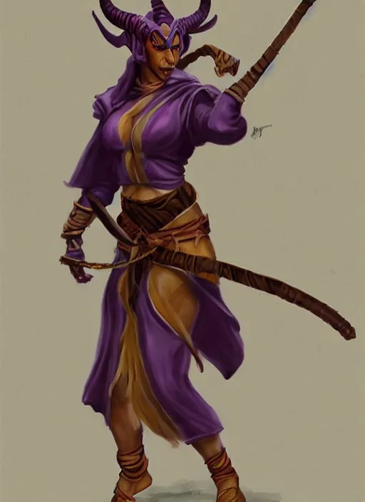 Image similar to a tough female d & d tiefling monk painted by raymond swamland