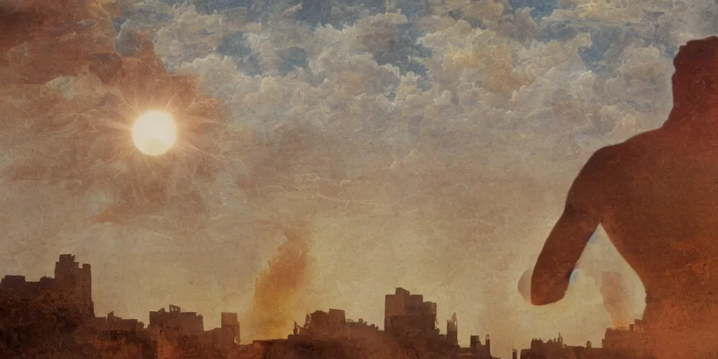 Image similar to double exposure, a solar eclipse in the sky above, the city of ancient babylon below in the distance, the city is on fire, full-body silhouette of a single observer in the foreground, the figure is an ancient Hellenistic athletic man in soft focus with hazy outlines, the scene is painted with thick impasto paint and chromatic aberration