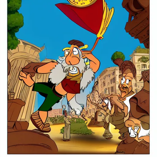 Prompt: caesar, roma, flying, old cartoon asterix style