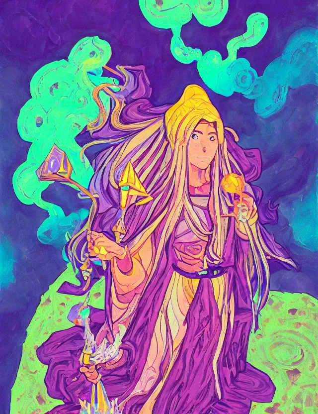 Prompt: priestess of the bismuth hills. gouache painting by the award - winning mangaka, bloom, chiaroscuro, backlighting, depth of field.