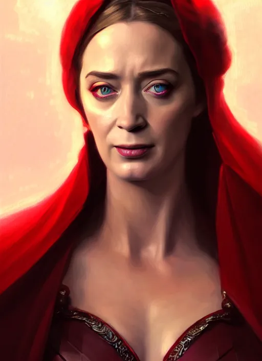 Image similar to portrait of emily blunt as scarlet witch, jewelry, greek, ruby, victorian age, 1 8 9 0, intricate, headshot, key visual, conceptart, ambient lighting, highly detailed, digital painting, artstation, concept art, sharp focus, by makoto shinkai and akihiko yoshida and greg manchess