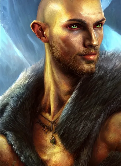 Image similar to buzzcut hair stubble male, aphelios draven, dndbeyond, bright, realistic, dnd character portrait, full body, art by ralph horsley, dnd, rpg, lotr game design fanart by concept art, behance hd, artstation, deviantart, global illumination radiating a glowing aura global illumination ray tracing hdr render in unreal engine 5