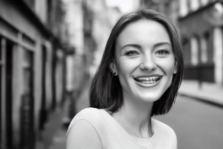 Image similar to still photo of a beautiful british woman smiling at the camera on the street, black and white color aesthetic, highly detailed, photorealistic portrait, bright studio setting, studio lighting, crisp quality and light reflections, unreal engine 5 quality render