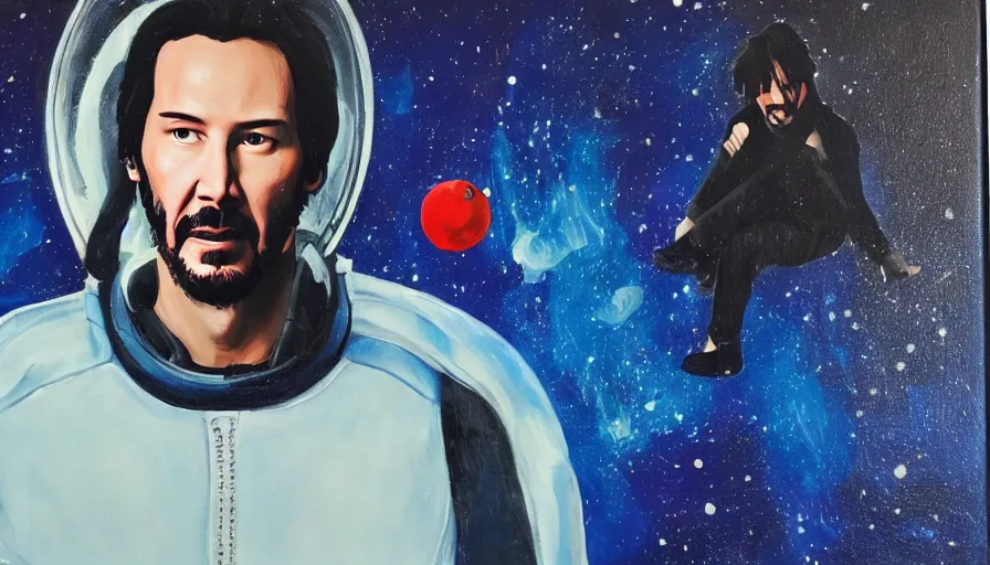 Image similar to portrait of Keanu reeves floating in space with a distressed look on his face, acrylic paint on canvas,