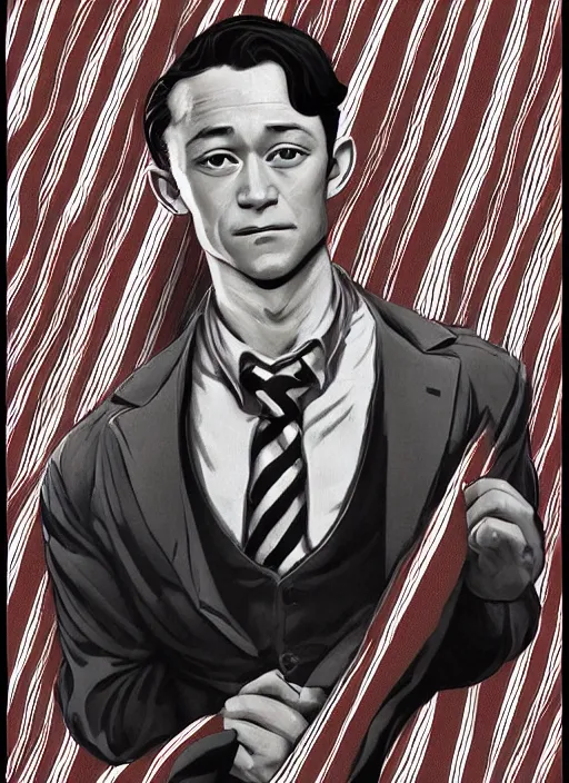 Prompt: joseph gordon - levitt joseph gordon - levitt!!!, joseph gordon - levitt jgl josephgordonlevitt wearing a 1 9 2 0 s red striped outfit, from scene from twin peaks by michael whelan, tomer hanuka, rossetti bouguereau, artgerm, retro, nostalgic, old fashioned