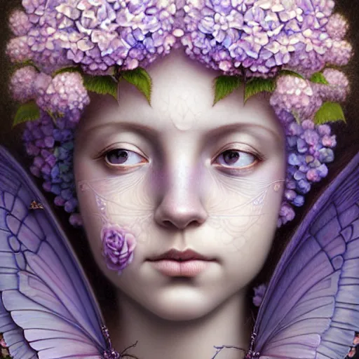 Prompt: a lilac hair beautiful goddess of light, hydrangeas flowers, soft rose, and dried petals, painterly, methaphoric and ornamental, intricate and elegant, highly detailed photorealistic painting, decorative lines, sharp focus, 8 k, by tomasz alen kopera, h 7 2 4