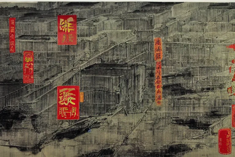 Image similar to a chinese prison near a river by peter doig, overlaid with chinese adverts