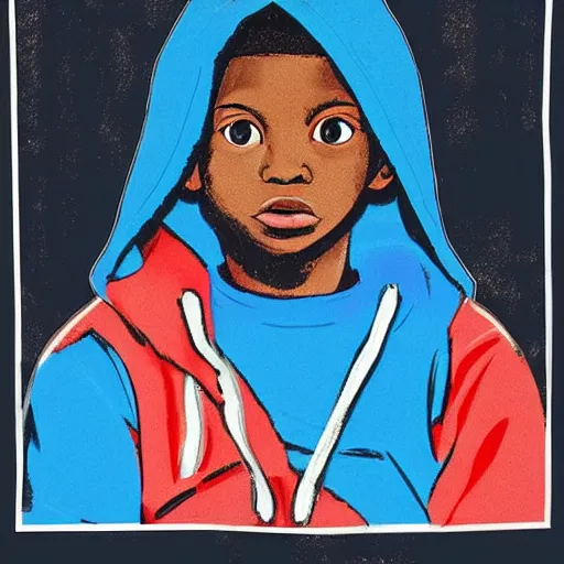 Prompt: “Side portrait of A AfricanAmericanboy with a blue hoodie on, in the style of a soviet propaganda poster”