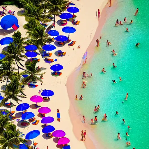 Image similar to photograph beachscapes from an almost perpendicular angle, Aerial view of sandy beach with umbrellas and sea, Aerial of a crowded sandy beach with colourful umbrellas, sun bathers and swimmers during summer, by Tommy Clarke