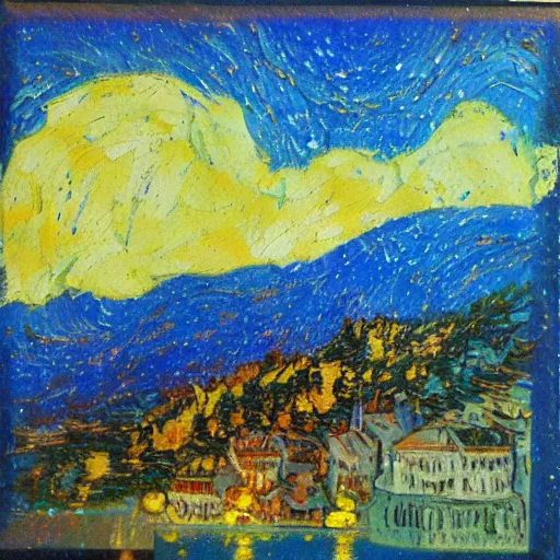 Image similar to oil paint impasto relief, austrian blue mountain with fireworks, multi layered thick brush marks, some splattered paint, in the style of van gogh and redon