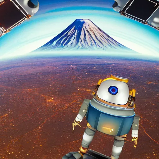 Prompt: On the morning of the robot queen's coronation, The Mekanik Doll, chubby moss kitten, Mount Fuji seen from the International Space Station, by Dylan Kowalski and deiv calviz, highly detailed, digital painting, HDRI, by vivid colors, high contrast, 8k resolution, intricate, beautiful and thematically complex, smooth