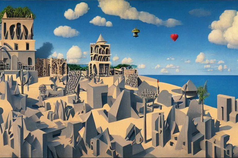 Image similar to escher sand building with a small crowd outside on a tropical island, fluffy clouds, blue sky by magritte and de chirico, surreal oil painting, hyper detailed, masterpiece 4 k