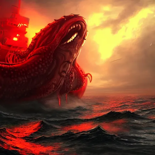 Prompt: a giant kraken with glowing red eyes eating a battle ship, 4k, artstation, digital art