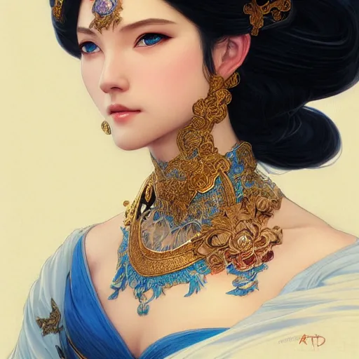 Prompt: 'elegant Chinese princess, D&D, blue eyes, black hair, fantasy, intricate, elegant, highly detailed, digital painting, artstation, concept art, smooth, sharp focus, illustration, art by artgerm and greg rutkowski and alphonse mucha'