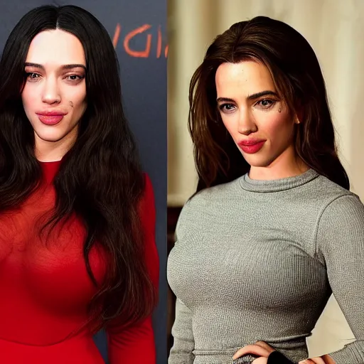 Image similar to a woman who is a genetic combination of kim kardashian and kat dennings and scarlett johansson and margot robbie and emma watson, face and upper - body focus, detailed eyes