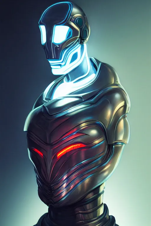 Prompt: portrait of a man with a biomechanic armor and neon light by Artgerm and Vermeer, dramatic lighting, highly detailed, trending on artstation