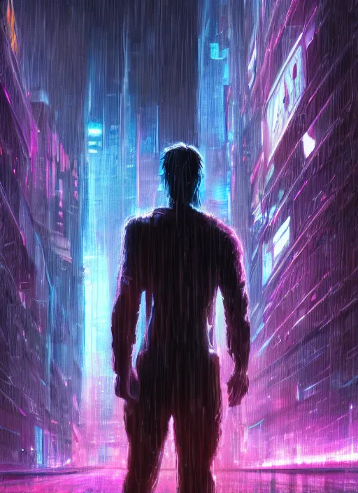 Image similar to lonely one cyber godly person made of cosmic nebula galaxy energy watching a vast rainy colorful complex cyberpunk futuristic city from behind at night through a window in a room, 8 k, photorealistic, concept art, wet, highly detailed, cinematic mood by ridley scott, ghost in the shell, akita, digital painting, trending on artstation, glowing lights, sharp focus, epic