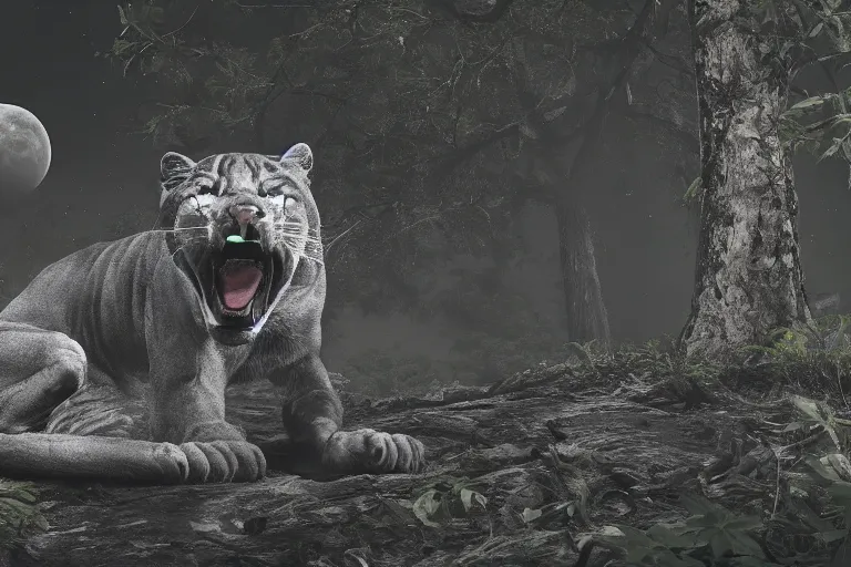 Image similar to a panther roaring at the moon in a forest during the night, large moon in the center. high quality. illustration. 4 k. cinematic. photoreal. highly detailed. dramatic. dark. night.