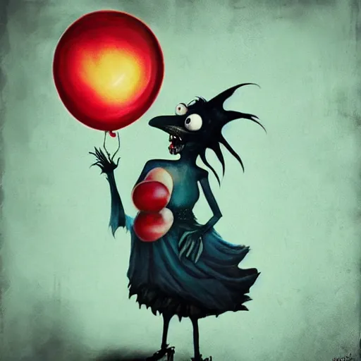 Prompt: grunge painting of a raven with a wide smile and a red balloon by tim burton, loony toons style, pennywise style, corpse bride style, rick and morty style, creepy lighting, horror theme, detailed, elegant, intricate, conceptual, volumetric light