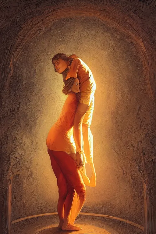 Image similar to portrait of tinfoil hat man in orange t - shirt hugging from behind his wife in a bed, feelings, romantic, fantasy, intricate, elegant, highly detailed, digital painting, artstation, concept art, smooth, sharp focus, illustration, art by artgerm and greg rutkowski and alphonse mucha