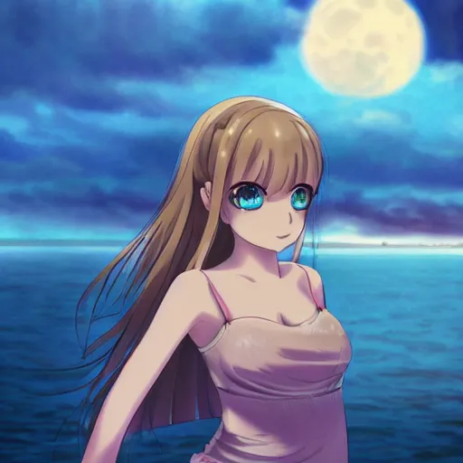 Prompt: one anime girl looking like lily adams standing on a pier, blue shiny eyes, looking at the camera, cute, the ocean as background at twilight, big moon above the water, colorful, magical, smooth, extremely detailed, devianArt
