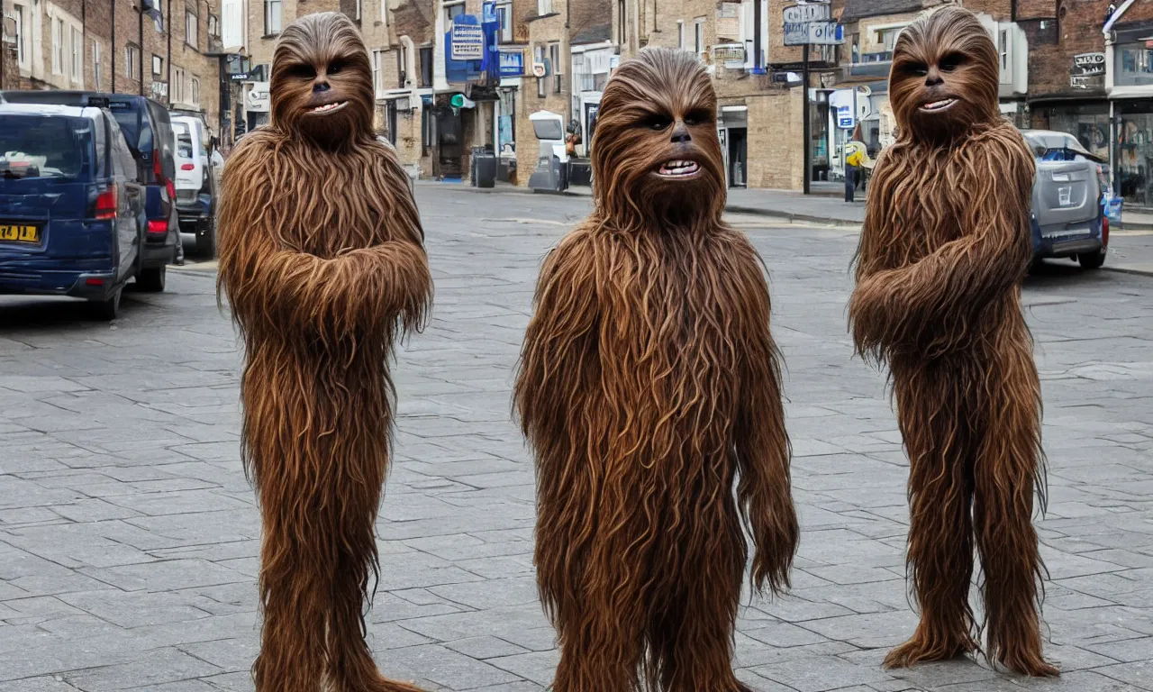 Prompt: photo of one chewbacca standing on the streets of rochester, england