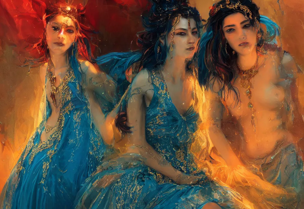 Prompt: full body portrait of a duo of 1 9 years old girl figures, oriental tattoos, jeweled ornament over forehead, jewelry, subject wearing a high fashion mystical gown, flowing, beautiful, dramatic, cinematic lighting, ultramarine, indian yellow, fire red, few vivid turquoise highlights, by greg rutkowski and jeremy mann, artstation, pixiv, oil on canvas