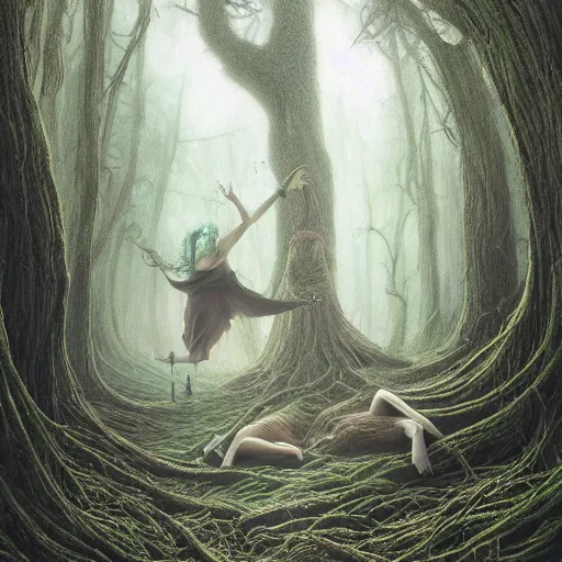 Image similar to having a good time, dancing in the forest, giant trees, flowers, neon, by Ross Tran, Basil Gogos, Laurie Lipton, Zdzisław Beksiński, Junji Ito, Laurie Lipton, and Michael Whelan, distant, gustav dore, H.R. Giger, 8k, hd, 4k, hyper, realistic, octane render