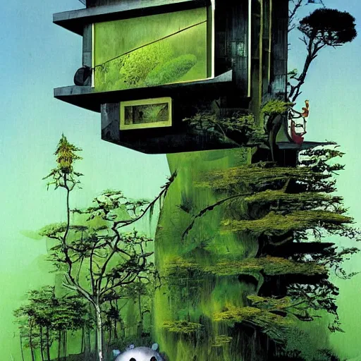 Image similar to A solar lush House in the woods, by Dave McKean and Studio Ghibli