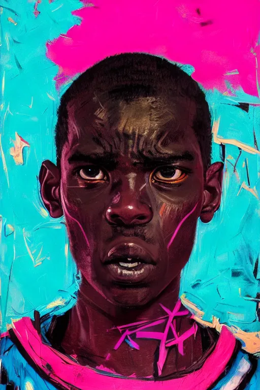 Image similar to portrait of a stylized african young angry boy painted in acrylic, pigment, in the colors hot pink and cyan, beautiful realistic face, rule of thirds, spotlight, by greg rutkowski, by jeremy mann, by francoise nielly, by van gogh, by ross tran, in focus